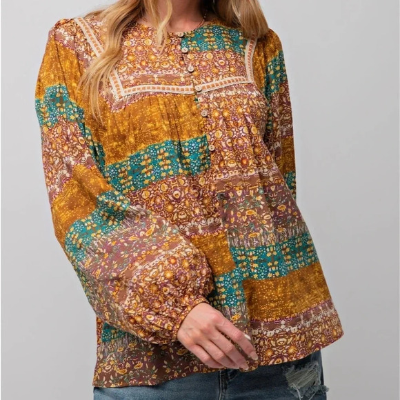 New! Easel Boho Printed Cotton Voile Top 1X - Picture 2 of 15